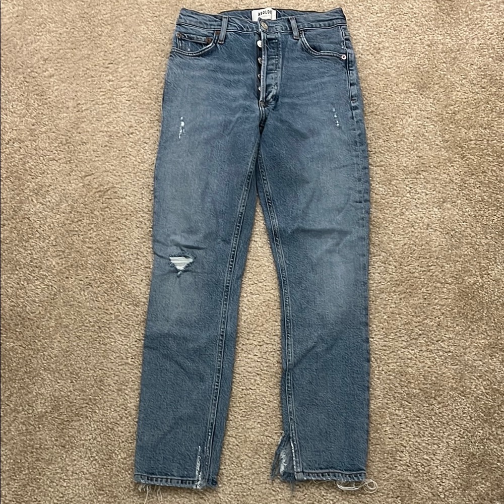Women’s Blue Distressed Jeans, Agolde Nico High Rise Slim, 25